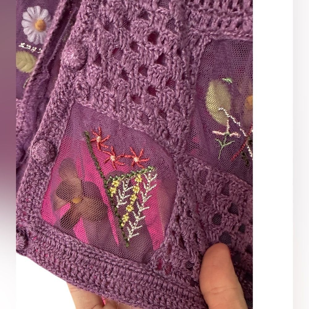 Purple Knit Handmade Gardencore Grannycore Unique Flower Patch Sweater - Picture 9 of 11